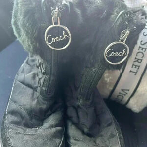 COACH "Faith" Sz 8 Black Monogram Boots w/Rabbit Fur Cuff LOGO